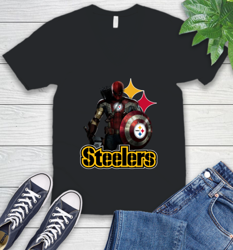 NFL Captain America Thor Spider Man Hawkeye Avengers Endgame Football Pittsburgh Steelers V-Neck T-Shirt 2