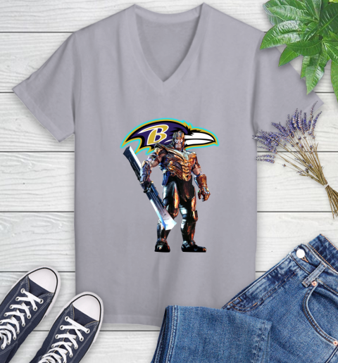 NFL Thanos Gauntlet Avengers Endgame Football Baltimore Ravens Women's V-Neck T-Shirt 4