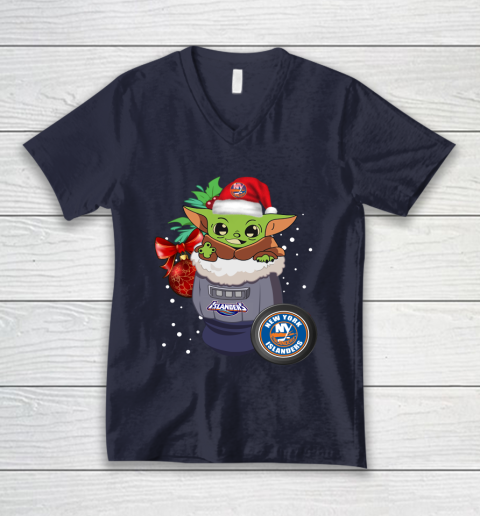 New York Islanders Christmas Baby Yoda Star Wars Funny Happy NHL V-Neck T-Shirt 3