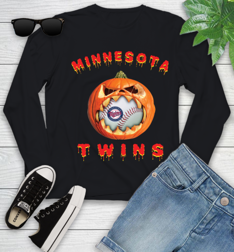 MLB Minnesota Twins Halloween Pumpkin Baseball Sports Youth Long Sleeve 2