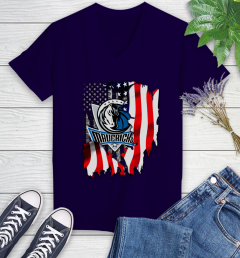 Dallas Mavericks NBA Basketball American Flag Women's V-Neck T-Shirt 3