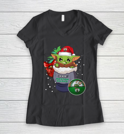 Boston Celtics Christmas Baby Yoda Star Wars Funny Happy NBA Women's V-Neck T-Shirt 8
