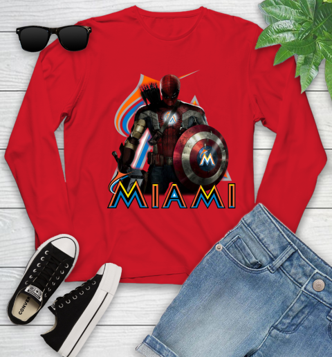MLB Captain America Thor Spider Man Hawkeye Avengers Endgame Baseball Miami Marlins Youth Long Sleeve 11