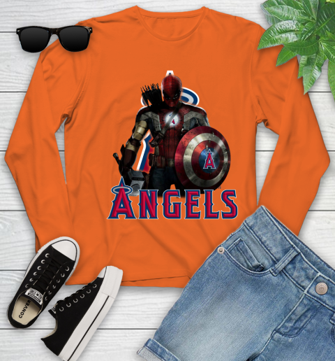 MLB Captain America Thor Spider Man Hawkeye Avengers Endgame Baseball Los Angeles Angels Youth Long Sleeve 4