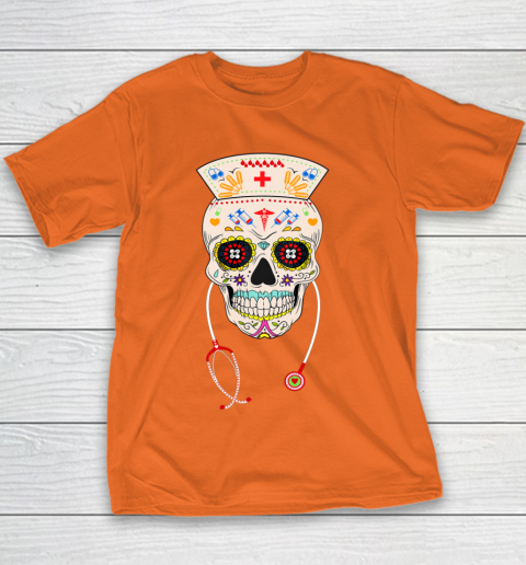 Nurse Sugar Skull Shirt Halloween Day Of The Dead Dia De Los Youth T-Shirt 4