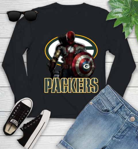 NFL Captain America Thor Spider Man Hawkeye Avengers Endgame Football Green Bay Packers Youth Long Sleeve 2