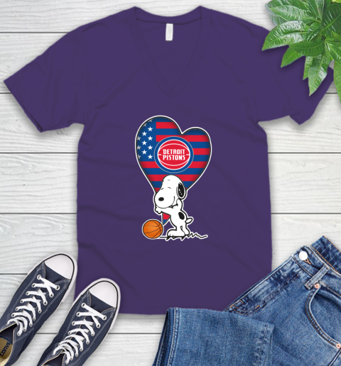 Detroit Pistons NBA Basketball The Peanuts Movie Adorable Snoopy V-Neck T-Shirt 10