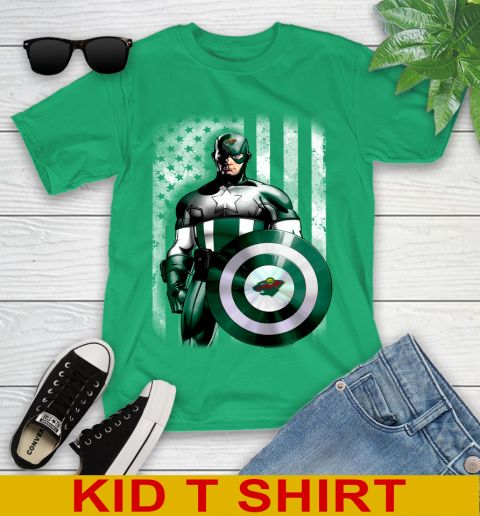 Minnesota Wild NHL Hockey Captain America Marvel Avengers American Flag Shirt Youth T-Shirt - Image 8