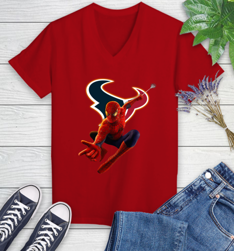 NFL Spider Man Avengers Endgame Football Houston Texans Women's V-Neck T-Shirt 12