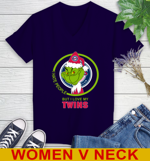 Minnesota Twins MLB Christmas Grinch I Hate People But I Love My Favorite Baseball Team Women's V-Neck T-Shirt 4