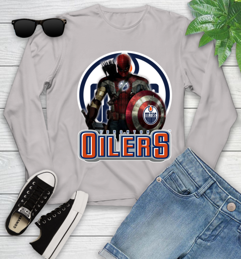NHL Captain America Thor Spider Man Hawkeye Avengers Endgame Hockey Edmonton Oilers Youth Long Sleeve 12