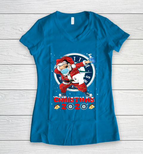 Seattle Mariners Funny Santa Claus Dabbing Christmas 2020 MLB Women's V-Neck T-Shirt 5