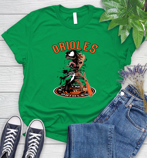 MLB Baltimore Orioles Baseball Venom Groot Guardians Of The Galaxy Women's T-Shirt 6