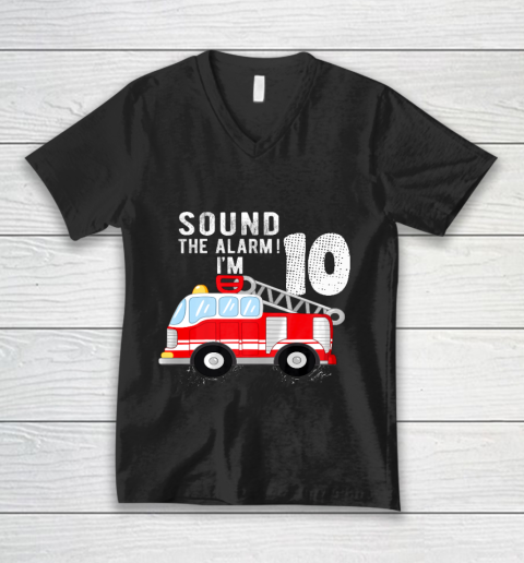 Kids Firefighter 10th Birthday Boy 10 Year Old Fire Truck V-Neck T-Shirt