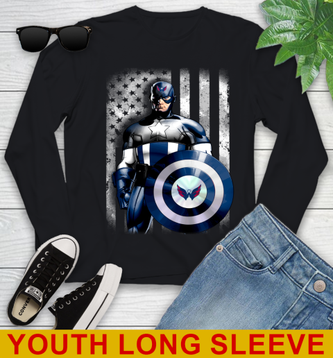 Washington Capitals NHL Hockey Captain America Marvel Avengers American Flag Shirt Youth Long Sleeve