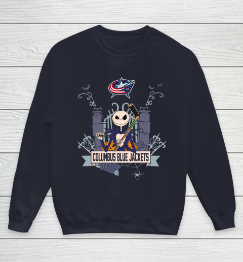 NHL Columbus Blue Jackets Hockey Jack Skellington Halloween Youth Sweatshirt 2