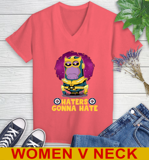 NHL Hockey Winnipeg Jets Haters Gonna Hate Thanos Minion Marvel Shirt Women's V-Neck T-Shirt 7