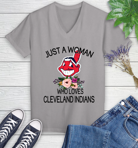 MLB Just A Woman Who Loves Cleveland Indians Baseball Sports Women's V-Neck T-Shirt 2