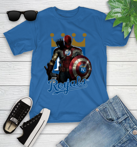 MLB Captain America Thor Spider Man Hawkeye Avengers Endgame Baseball Kansas City Royals Youth T-Shirt 9