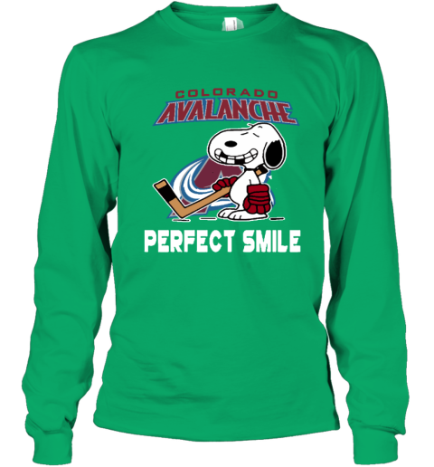 qdsj colorado avalanche snoopy perfect smile the peanuts youth long sleeve 50 front irish green