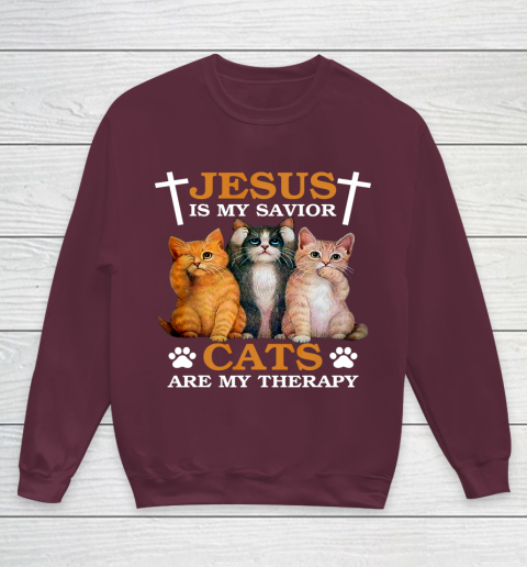 Jesus is My Savior Cat are My Therapy Christians Cat Lover Youth Sweatshirt 4
