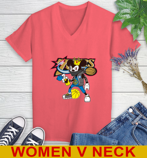 Philadelphia 76ers NBA Basketball Mickey Peace Sign Sports Women's V-Neck T-Shirt 7