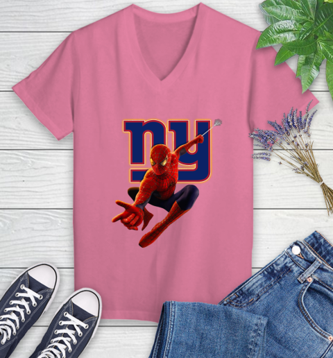 NFL Spider Man Avengers Endgame Football New York Giants Women's V-Neck T-Shirt 13
