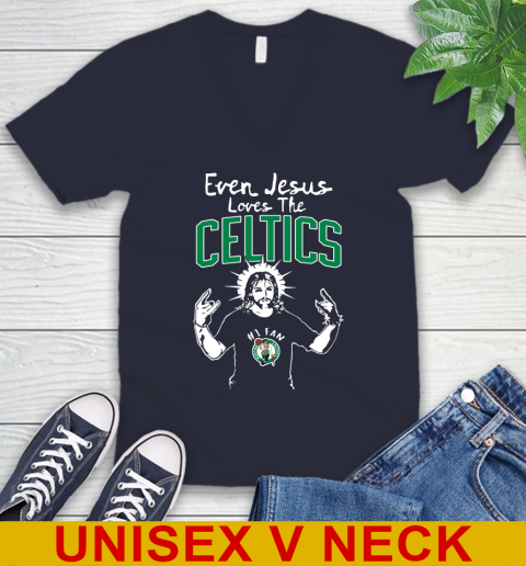 Boston Celtics NBA Basketball Even Jesus Loves The Celtics Shirt V-Neck T-Shirt 2