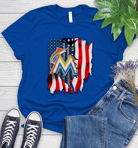 Miami Marlins MLB Baseball American Flag Women's T-Shirt 12
