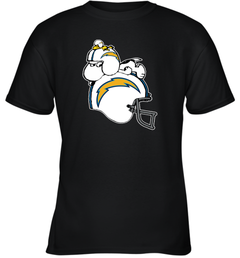 Snoopy And Woodstock Resting On Los Angeles Chargers Helmet Youth T-Shirt