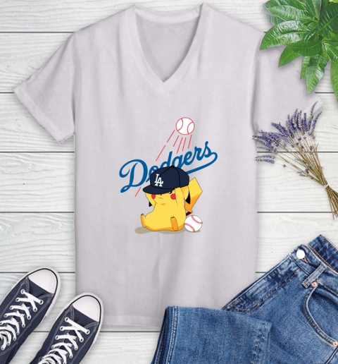 MLB Pikachu Baseball Sports Los Angeles Dodgers Women's V-Neck T-Shirt