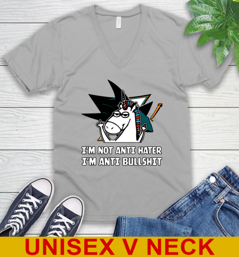 San Jose Sharks NHL Hockey Unicorn I'm Not Anti Hater I'm Anti Bullshit V-Neck T-Shirt 4