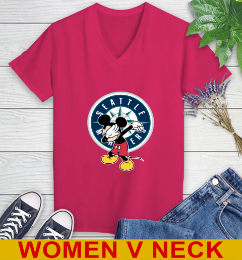 Seattle Mariners MLB Baseball Dabbing Mickey Disney Sports Women's V-Neck T-Shirt 10