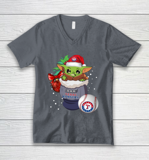 Texas Rangers Christmas Baby Yoda Star Wars Funny Happy MLB V-Neck T-Shirt 5