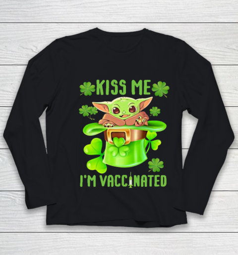 Kiss Me I'm Vaccinated Leprechaun Baby Yoda Patrick's Day Youth Long Sleeve