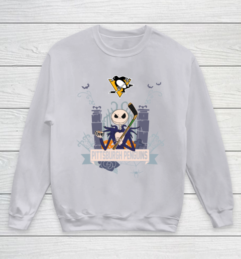 NHL Pittsburgh Penguins Hockey Jack Skellington Halloween Youth Sweatshirt 3