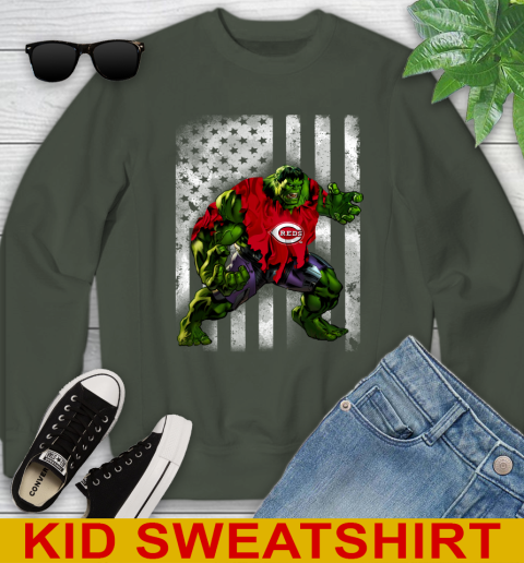 Cincinnati Reds Hulk Marvel Avengers MLB Baseball American Flag Youth Sweatshirt 8