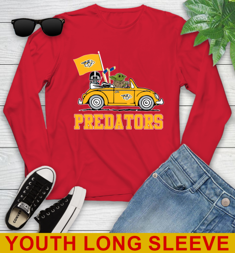 NHL Hockey Nashville Predators Darth Vader Baby Yoda Driving Star Wars Shirt Youth Long Sleeve 11