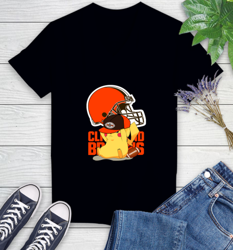 NFL Pikachu Football Sports Cleveland Browns Women's V-Neck T-Shirt 2