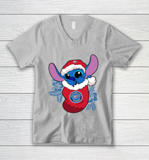 Oklahoma City Thunder Christmas Stitch In The Sock Funny Disney NBA V-Neck T-Shirt 4