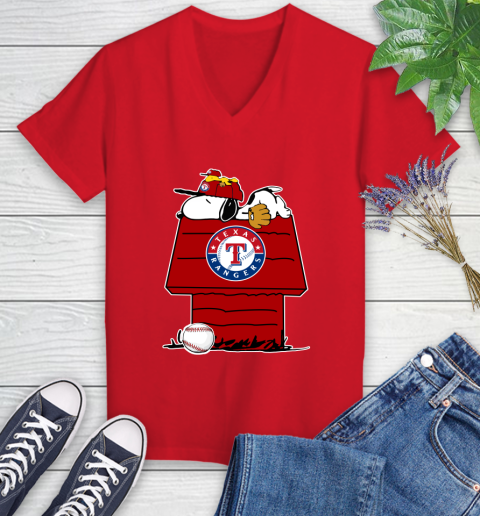 MLB Texas Rangers Snoopy Woodstock The Peanuts Movie Baseball T Shirt Women's V-Neck T-Shirt 12