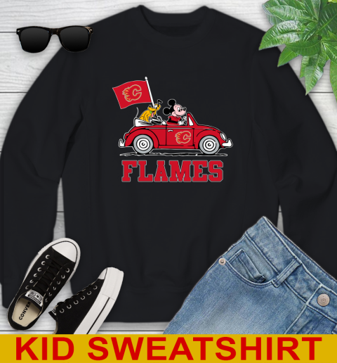 NHL Hockey Calgary Flames Pluto Mickey Driving Disney Shirt Youth Sweatshirt 2
