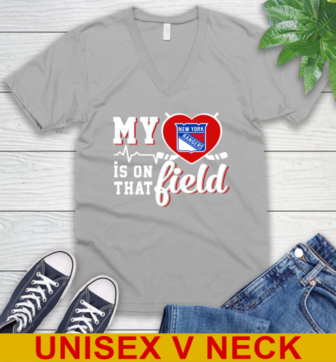 NHL My Heart Is On That Field Hockey Sports New York Rangers V-Neck T-Shirt 3