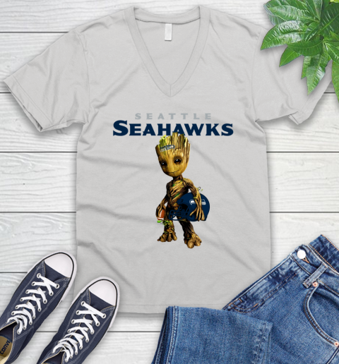 Seattle Seahawks NFL Football Groot Marvel Guardians Of The Galaxy V-Neck T-Shirt