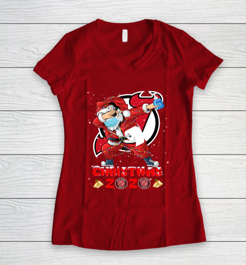 New Jersey Devils Funny Santa Claus Dabbing Christmas 2020 NHL Women's V-Neck T-Shirt 8