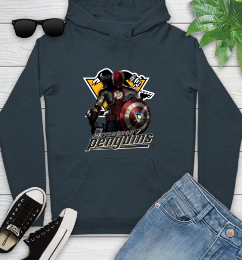 NHL Captain America Thor Spider Man Hawkeye Avengers Endgame Hockey Pittsburgh Penguins Youth Hoodie 8