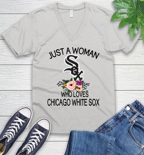 MLB Just A Woman Who Loves Chicago White Sox Baseball Sports V-Neck T-Shirt