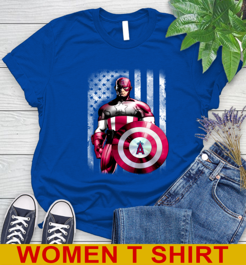 Los Angeles Angels MLB Baseball Captain America Marvel Avengers American Flag Shirt Women's T-Shirt 10