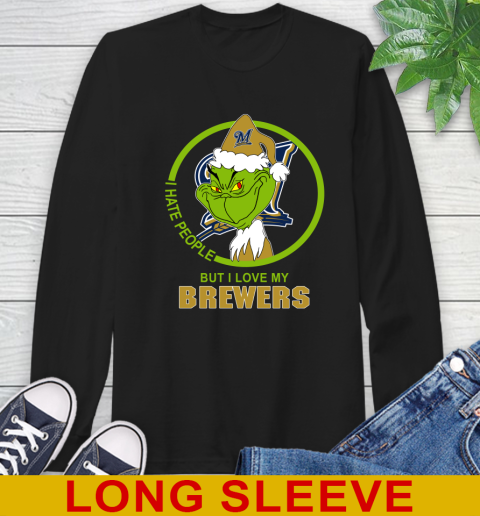 Milwaukee Brewers MLB Christmas Grinch I Hate People But I Love My Favorite Baseball Team Long Sleeve T-Shirt 2