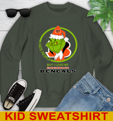 Cincinnati Bengals NFL Christmas Grinch I Hate People But I Love My Favorite Football Team Youth Sweatshirt 9
